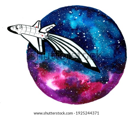 Buran on the background of space watercolor, color and black and white, spaceship