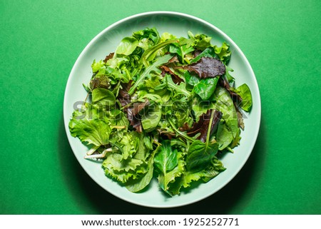Healthy fresh salad of spinach, arugula, mini romaine lettuce, batavia salad in a green plate on a green background. Food background for menu, recipe. Top view. salat with green leafs Royalty-Free Stock Photo #1925252771
