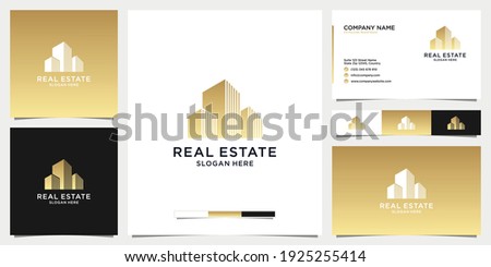 Golden real estate logo design with business card template