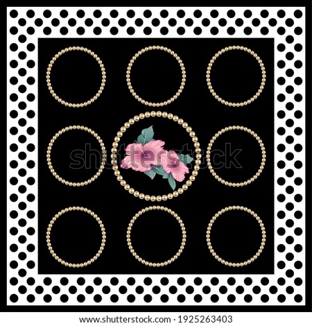 Polka dot, flower pattern on black background. Vector design patch for print, textile, scarf design. EPS10 Illustration.