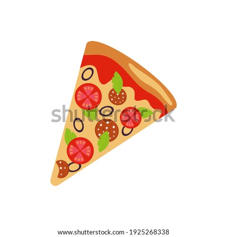 Slice of pizza with tomatoes, lettuce, sausage, cheese and olives, icon isolated on white background. Street food concept. Color template for cafes, restaurants. Vector illustration