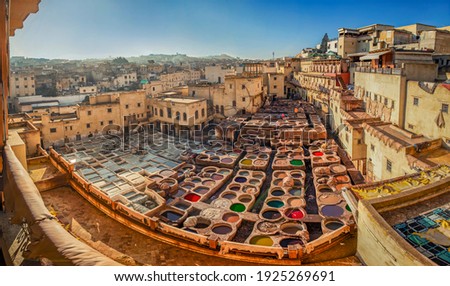 Panoramic view of the tannery Fez Morocco Royalty-Free Stock Photo #1925269691