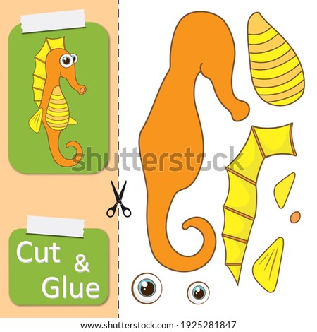 Cut and glue the paper Sea Horse. Create application the cartoon fun Sea Fish. Education riddle entertainment and amusement for child. Kids logic game, activities jigsaw. Preschool worksheet activity