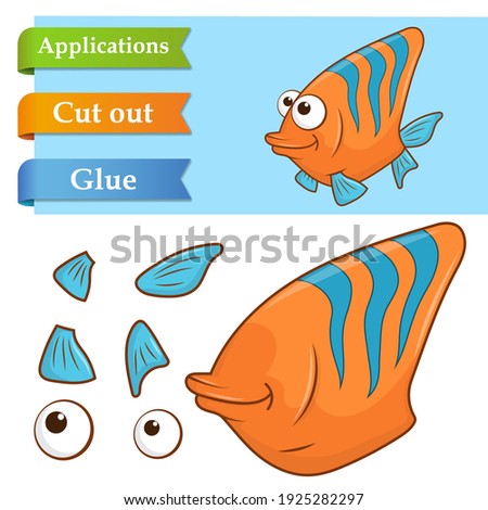 Create paper application the cartoon funny Coral Fish. Use scissors cut parts of Fish and glue on paper. Education logic game for school kids to help with cutting, sticking and learning about animals