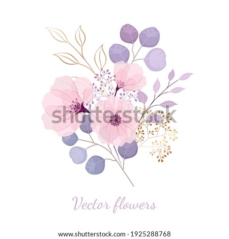 Vector blush flowers with purple leaves eucalyptus and gold plants.