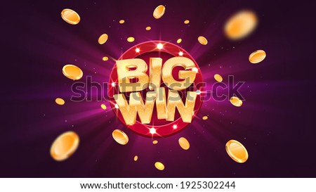 Big win gold text on retro red board vector banner. Win congratulations in frame illustration for casino or online games. Explosion coins  on purple background. Royalty-Free Stock Photo #1925302244