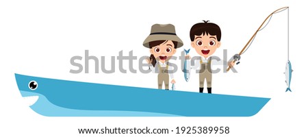 Happy cute smart kid boy and girl character standing on a shark fishing board holding fishing rod with fish and with cheerful expression isolated
