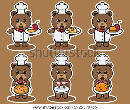 Vector illustration of cute Bear Chef cartoon with food. Cute Bear expression character design bundle. Good for icon, logo, label, sticker, clipart.
