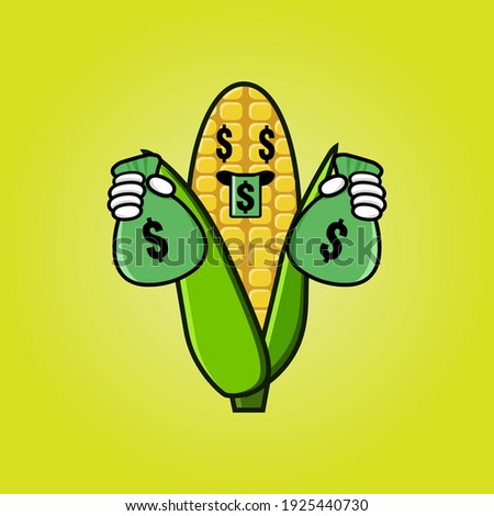 cute corn cartoon mascot character funny expression with money eye and holding money pouch