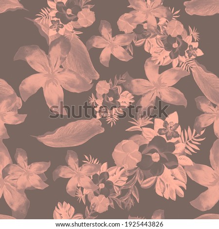 Coral Seamless Nature. Black Pattern Leaf. Pink Tropical Foliage. Flower Background. Floral Background. Flora Art. Drawing Texture. Watercolor Textile.
