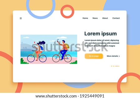Young people cycling and using smartphones. Navigation, bicycle, network flat vector illustration. Travel and communication concept for banner, website design or landing web page