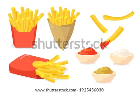 French fries set. Potato sticks in paper cones, ketchup, mayo, mustard sauces isolated on white. Vector illustration for fast food snack, street food concept Royalty-Free Stock Photo #1925456030