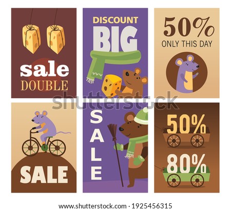 Big sale brochure designs with cheese and mice. Bright promotion for shop or store. Rodent animals and shopping concept. Promotional template for advertising leaflet or flyer