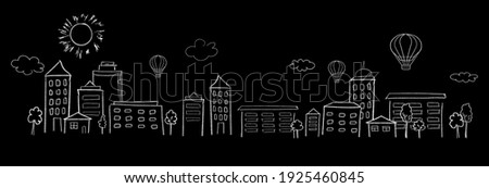 Graphic drawing of street with beautiful white houses and hot air balls painted on black background. Concept of happy city life