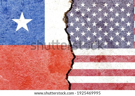 Chile VS USA national flags icon pattern isolated on broken weathered cracked wall background, abstract international political social relationship friendship conflicts concept texture wallpaper