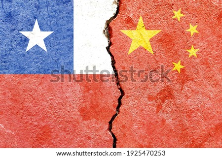 Chile VS China national flags icon pattern isolated on broken weathered cracked wall background, abstract Chile China politics economy relationship friendship conflict concept texture wallpaper