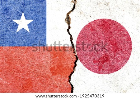Chile VS Japan national flags icon pattern isolated on broken weathered cracked wall background, abstract international political social relationship friendship conflicts concept texture wallpaper