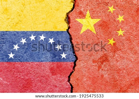 Venezuela VS China national flags icon pattern isolated on broken weathered cracked wall background, abstract international political relationship friendship conflicts concept texture wallpaper