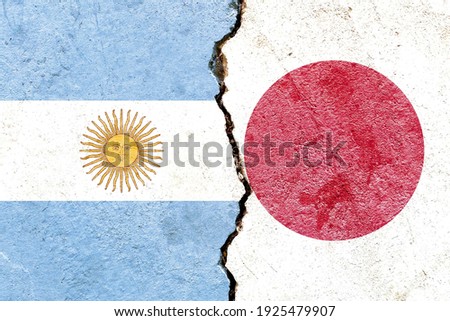 Argentina vs Japan national flags icon pattern isolated on broken weathered cracked wall background, abstract Argentine Japan politics relationship friendship conflicts concept texture wallpaper