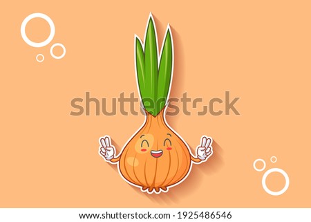 LOL, HAHA, LAUGH, FUN Face Emotion. Double Peace Finger Hand Gesture. Onion, Garlic Vegetable Character Cartoon Drawing Mascot Illustration.
