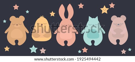 Flat vector illustration set of sleeping animals with owl, bear, cat, rabbit, stars, For print, baby cloths print postcard and poster