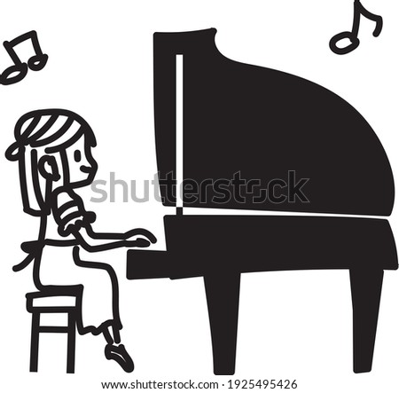 A simple monochrome illustration of a girl playing a grand piano