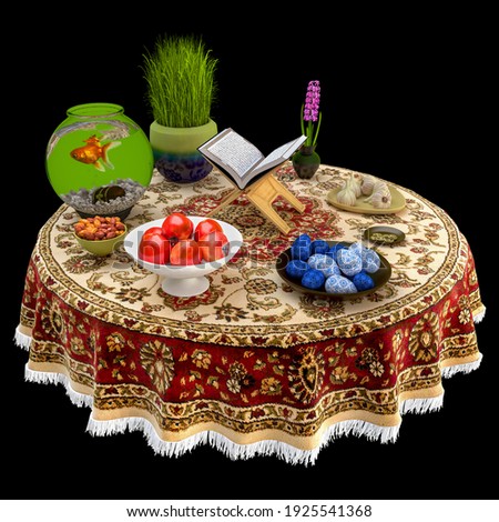Set of haftsin on a carpet. Persian new year decoration 