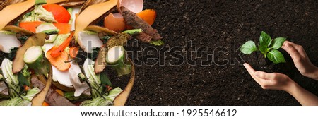 Organic waste for composting on soil and woman taking care of seedling, top view. Natural fertilizer  Royalty-Free Stock Photo #1925546612