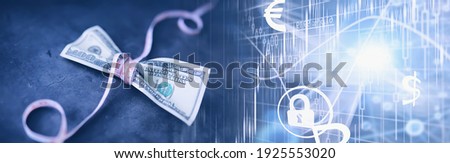 Business concept. The depreciation of national currency. Hundred dollar bill. Inflation and stagnation. Tighten the hundred dollar bill with a measuring chain.