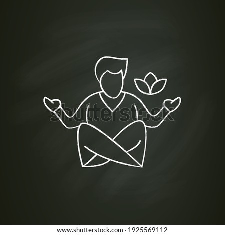 Meditation chalk icon. Man sitting in lotus pose . Yoga exercise and relaxation practice in mind focus, attention management silhouette concept. Isolated vector illustration on chalkboard