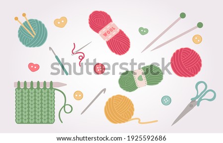 Yarn and threads colorful flat vector illustrations set. Needlework, tools for sewing and knitting collection. Royalty-Free Stock Photo #1925592686