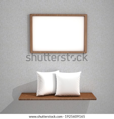 Cozy room illuminated with sunlight and decorated by two soft cushions on a wooden shelf on the wall and a frame for a photograph or a painting. Mockup with space for a text, logo or image. 3D render