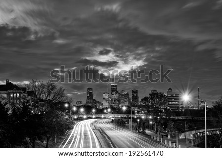 Downtown Houston Skyline Black and White at Dawn