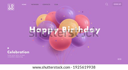 Happy birthday website banner for home page with 3d round shaped balloons illustration on purple background with interface elements