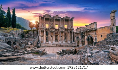 Celsus Library at Ephesus ancient city in Izmir, Turkey. Royalty-Free Stock Photo #1925621717