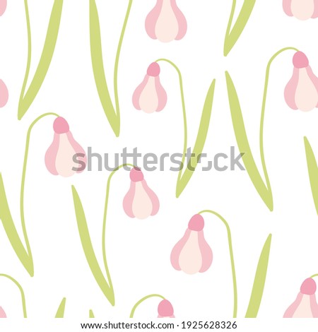 Vector snowdrop flower seamless pattern. Hand drawn botanical seamless pattern. Pink snowdrop with green leaf on white background. Textile, wrapping paper, wallpaper, fashion textures.