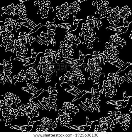 Seamless patterns. Beautiful blooming flowers with hummingbirds. The background is textile. Line graphics. 