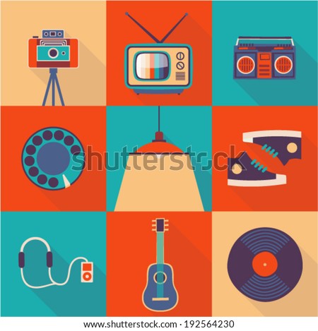 Vector illustration icon set of lifestyle: photo camera, TV, tape recorder, telephone, lamp, shoes, headphones, player, guitar, vinyl record