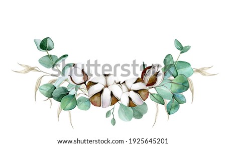 watercolor drawing bouquet of dry herbs eucalyptus leaves and cotton flowers. divider for text, decoration for wedding, greeting card, invitation. autumn rustic composition of leaves and flowers
