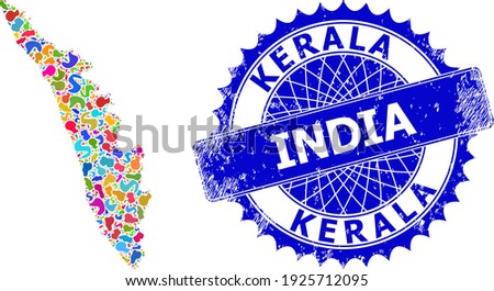Kerala State map vector image. Splash pattern map and scratched stamp seal for Kerala State. Sharp rosette blue seal with tag for Kerala State map.