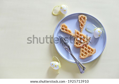 Easter bunny waffles. Flat layot, selective focus