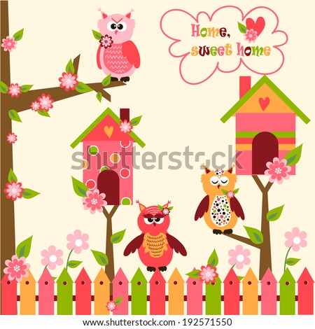 spring illustration with owls and birdhouses. vector