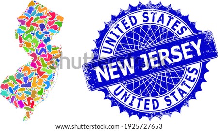 New Jersey State map template. Splash mosaic map and rubber seal for New Jersey State. Sharp rosette blue stamp seal with text for New Jersey State map.