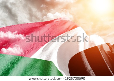 Sudan national flag cloth fabric waving on beautiful grey sky. Royalty-Free Stock Photo #1925730590