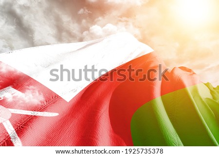 Oman national flag cloth fabric waving on beautiful grey sky.