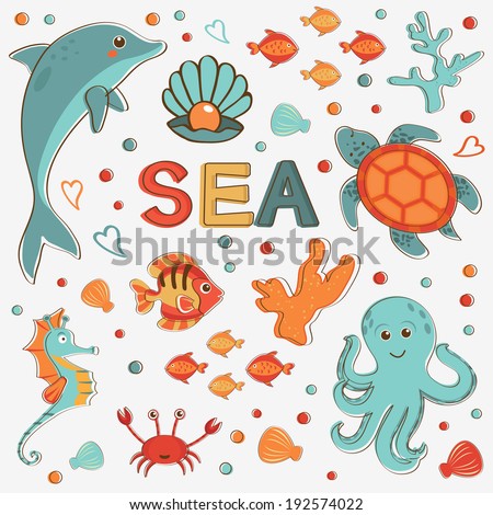 Sea creatures colorful collection. Vector illustration