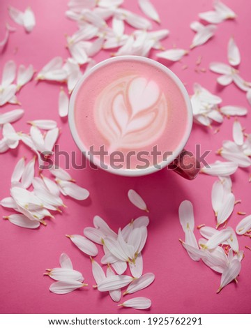 pink trending cappuccino on pink background with white flower petals