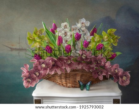 Luxurious flower arrangement in a basket