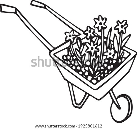  Cute little vector of wheelbarrow with flowers. Hand drawn isolated illustration.