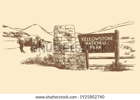 Sketch of the Yellowstone National Park sign, bison and nature in the background, USA, Wyoming. Vintage brown and beige card, hand-drawn, vector. Landscape view, silhouette from lines. Old design. Royalty-Free Stock Photo #1925802740
